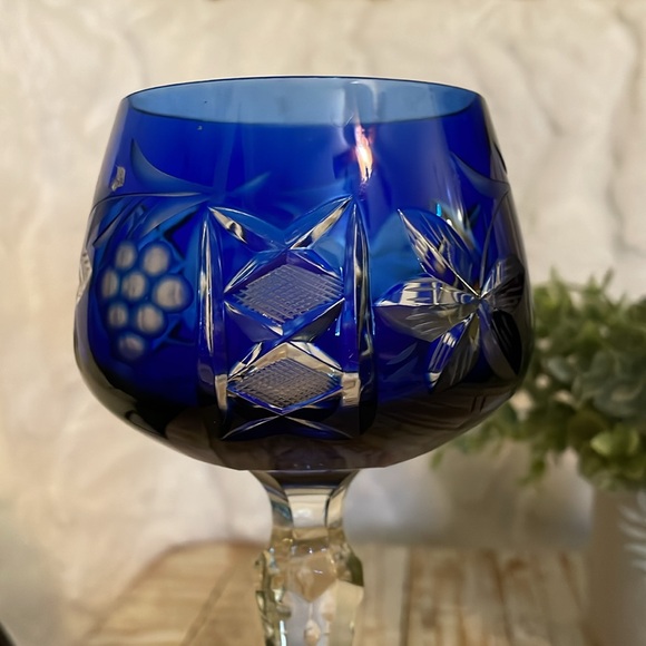 Bohemian Crystal German Vineyard Cobalt Blue Wine Glass Antique - Picture 3 of 6
